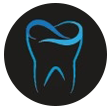 The image shows a graphic of a stylized tooth with a blue and white design, set against a dark background.