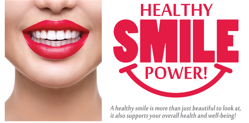 The image features a close-up of a person s face with red lipstick, and there is text overlay that reads  HEALTHY SMILE POWER  in white letters.