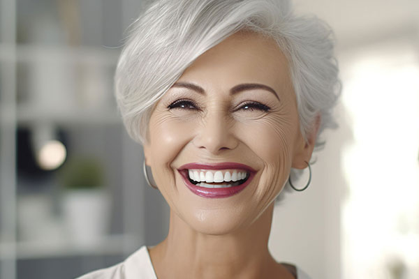 The image shows a smiling woman with short white hair, wearing a dark top and a wide smile, against a blurred background that suggests an indoor setting.